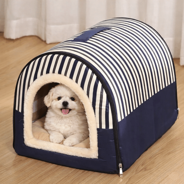 Niche d'intérieur pour chien bleue et blanche