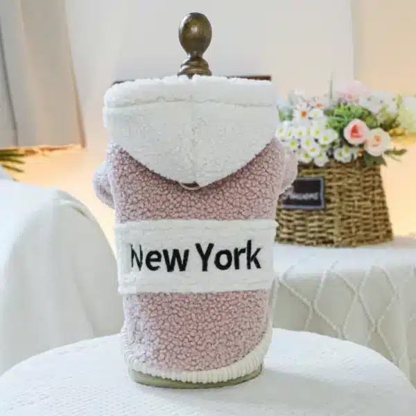 Sweat à capuche patchwork en peluche d'agneau pour animaux de compagnie, vêtements pour chats, rose et blanc, adapté aux chiens de petite et moyenne taille, automne et hiver, 1PC 8