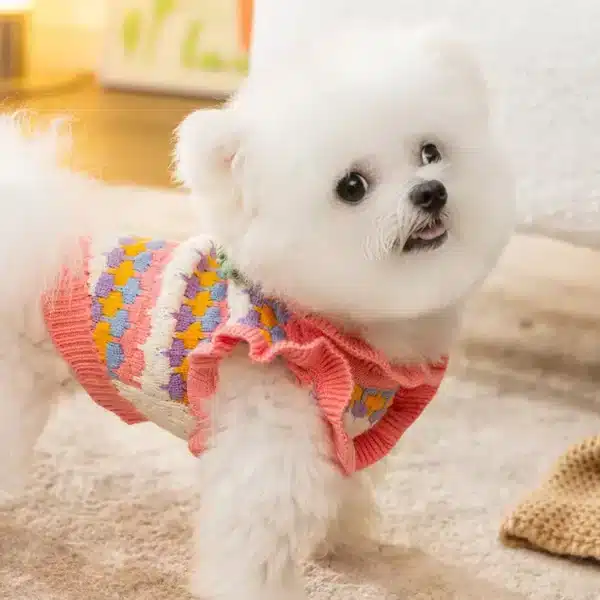 Pull tricoté à fleurs pour chien, Orange, vêtements chauds d'hiver pour nouvel an, tenues de bouledogue français, salopette fantaisie pour petit chiot 2