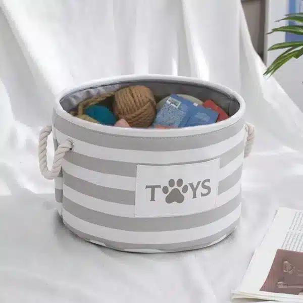 Panier à jouets pliable rayé pour animaux de compagnie, 1 pièce, boîte de rangement pour jouets pour chien avec poignée en corde tissée 1