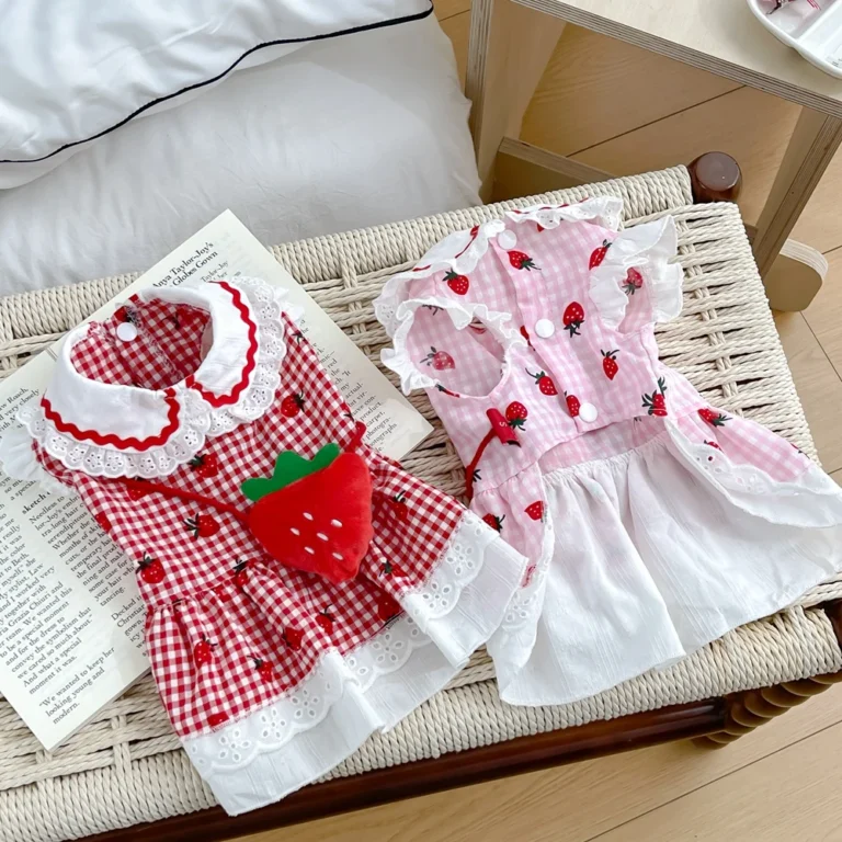 Robe fraise pour chiens été printemps mignon Plaid femme fille chiot animal de compagnie chat vêtements Yorkie Chihuahua petits carillons moyens 2