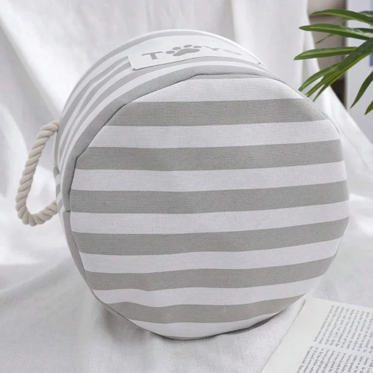 Panier à jouets pliable rayé pour animaux de compagnie, 1 pièce, boîte de rangement pour jouets pour chien avec poignée en corde tissée 2