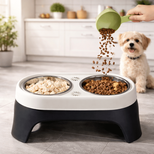 Gamelle double surélevée noir et blanche en acier inoxydable pour chien