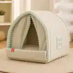 Niche en velours côtelé avec rideau pour petit chien