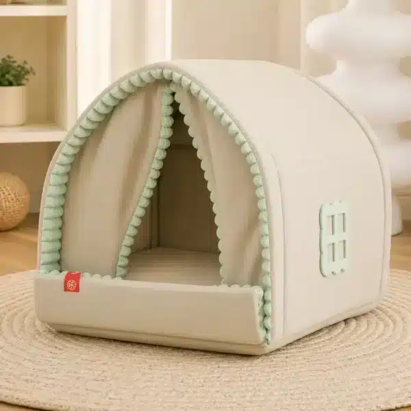 Niche  en velours côtelé avec rideau pour petit chien