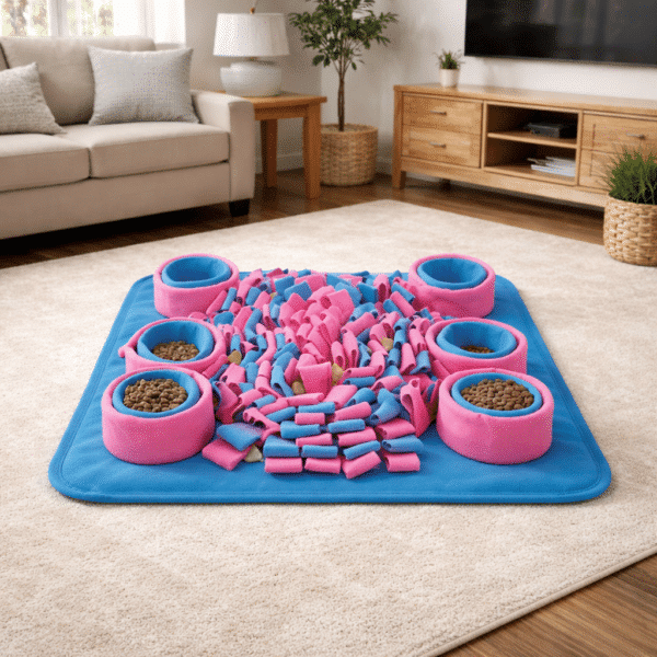 Tapis de fouille rose et bleu petit chien