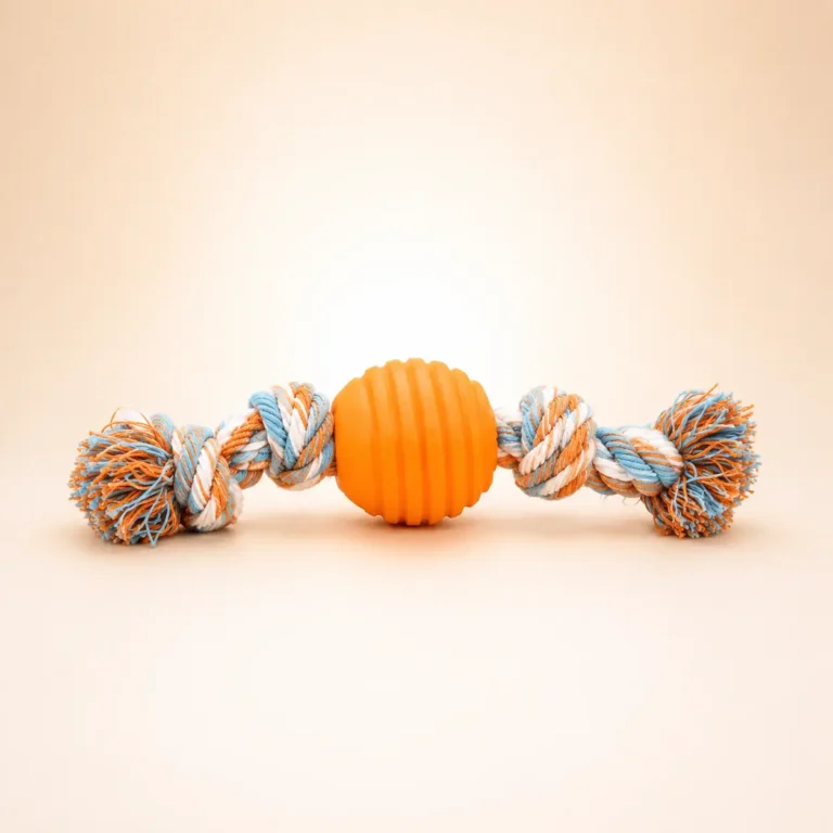 Balle avec corde orange pour chien