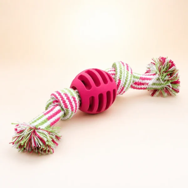 Balle avec corde rose pour chien
