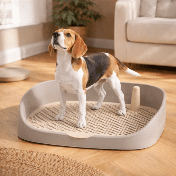 Litière pour petit chien sur terrasse gris