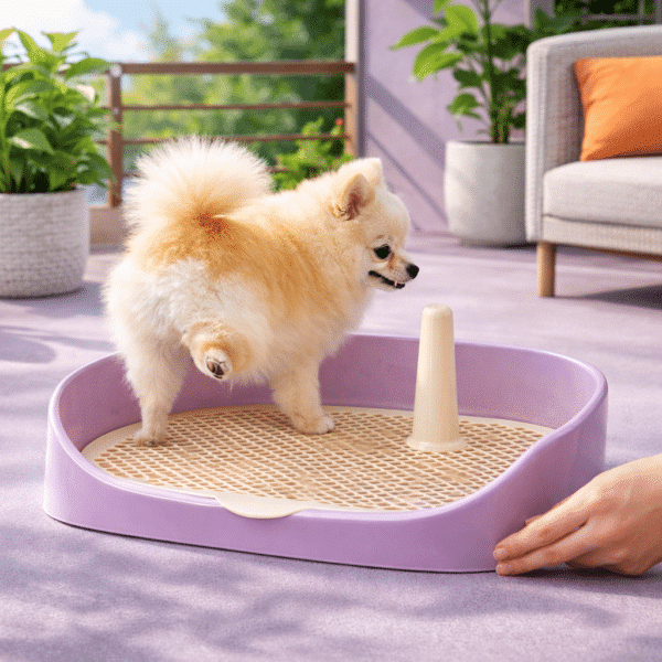 Litière pour petit chien sur terrasse violette