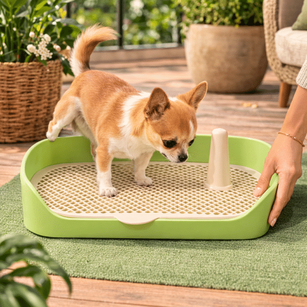 Litière pour petit chien sur terrasse vert