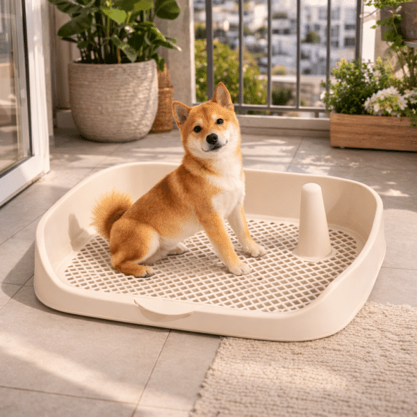 Litière pour petit chien sur terrasse blanc