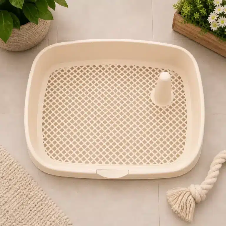Litière pour petit chien sur terrasse blanc