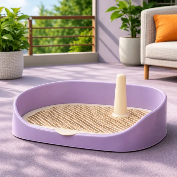 Litière pour petit chien sur terrasse violette