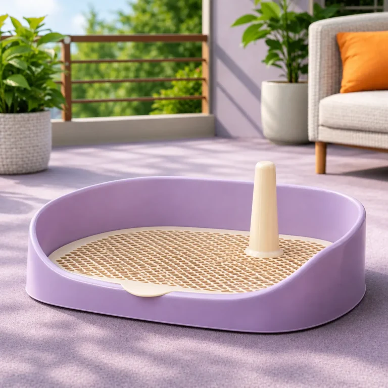 Litière pour petit chien sur terrasse violette