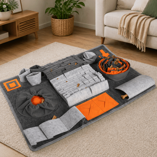 Tapis de fouille rectangle gris et orange chien