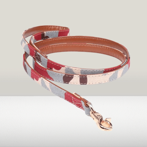 Laisse en cuir militaire rouge et beige petit chien