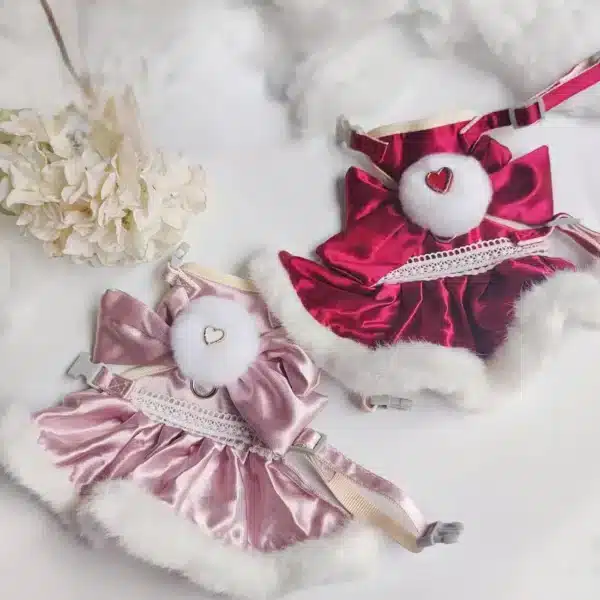 Harnais chihuahua robe fourrure motif coeur + laisse 1