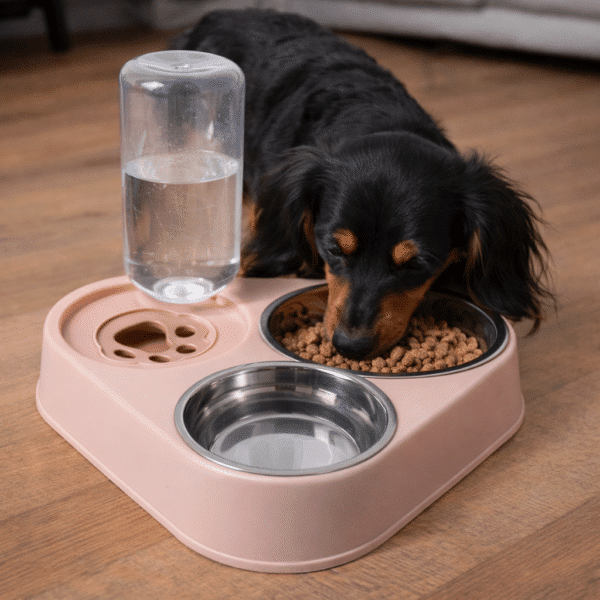 Gamelle triple avec réservoir d'eau petit chien rose