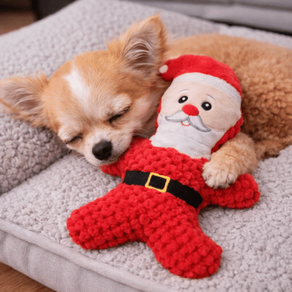 Peluche père noël petit chien
