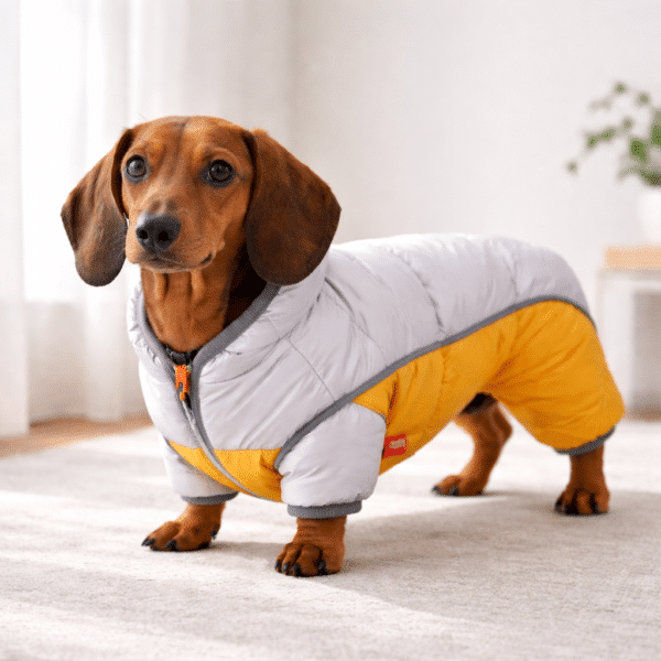 Manteau rembourré jaune et beige petit chien