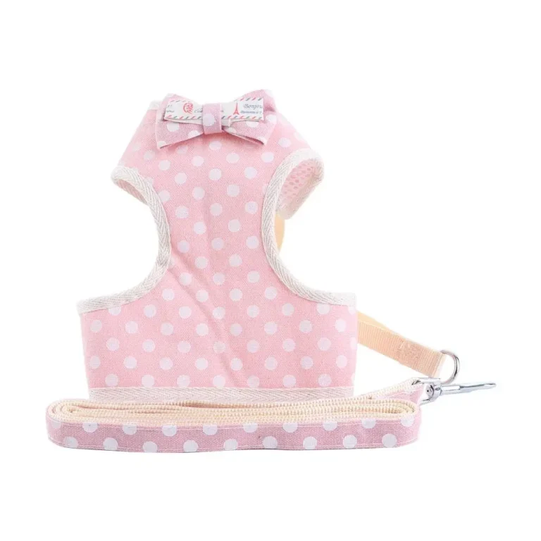 Ensemble harnais et laisse à pois rose petit chien 3