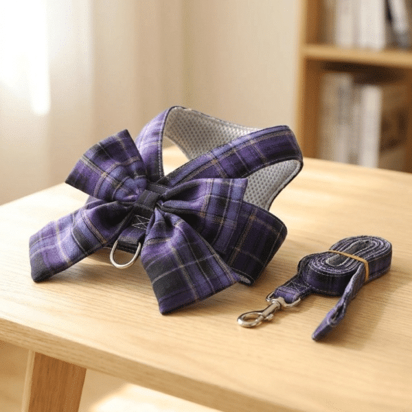 Harnais chihuahua carreaux violet + laisse