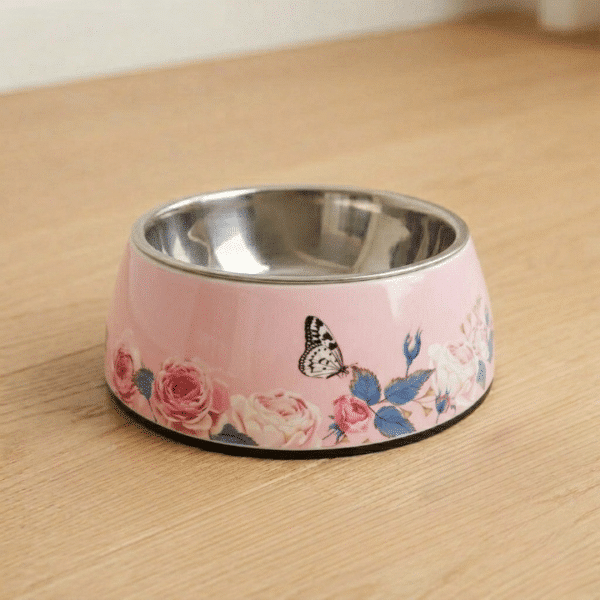 Gamelle Chien : Inox motif rose et papillon