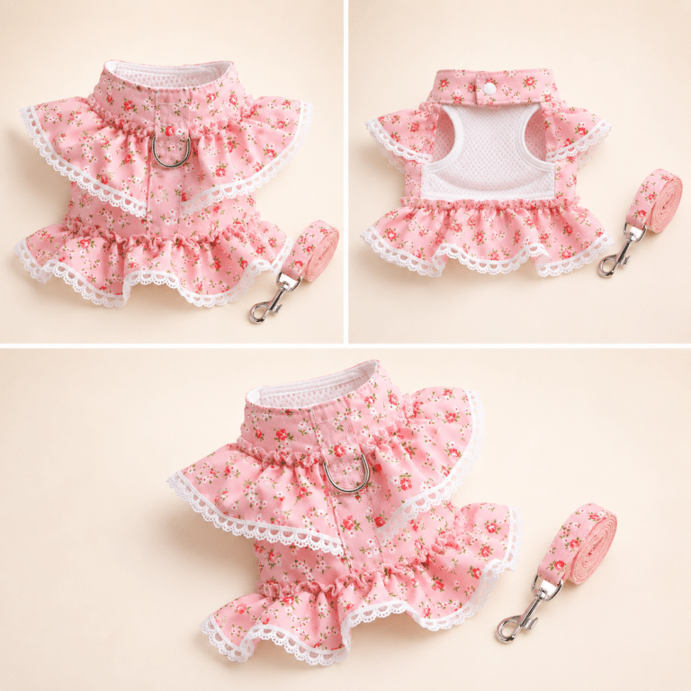 Harnais petit chien dentelle rose et blanc + laissegal