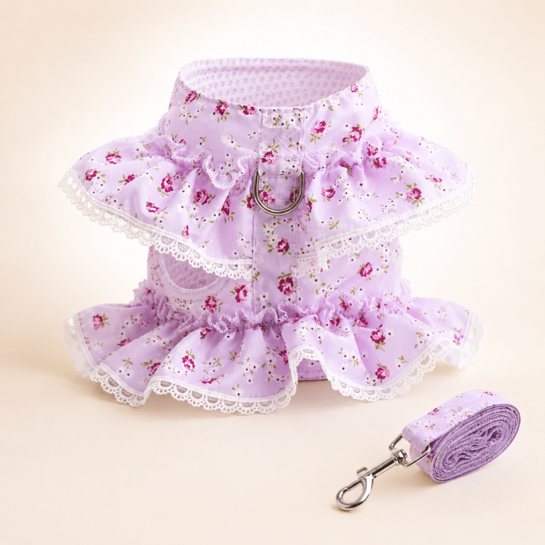 Harnais petit chien dentelle violet et blanc + laisse