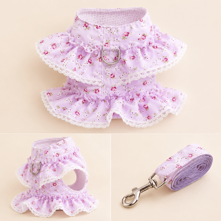 Harnais petit chien dentelle violet et blanc + laissegal