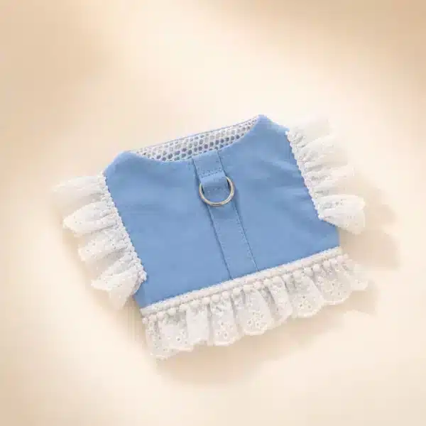 Harnais chien perle dentelle bleu et blanc + laisse