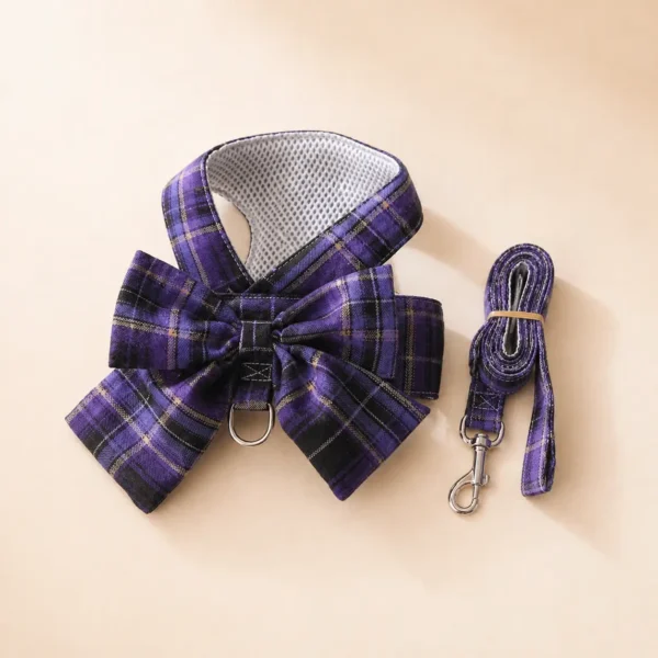 Harnais chihuahua carreaux violet + laisse