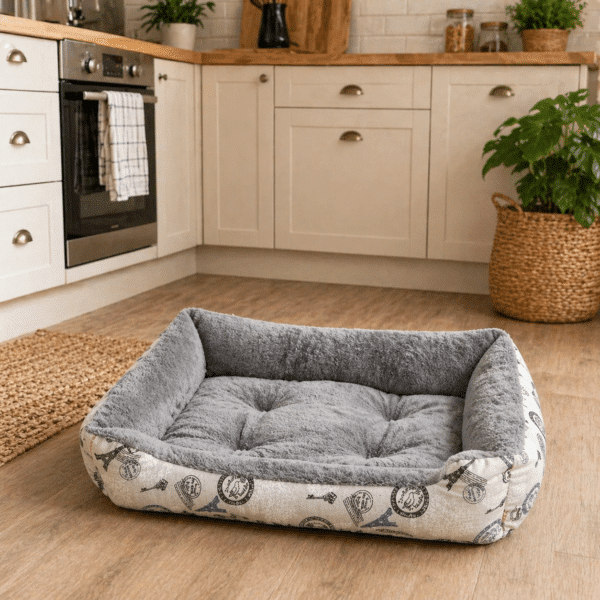 Panier relaxant pour petit chien motif gris et beige