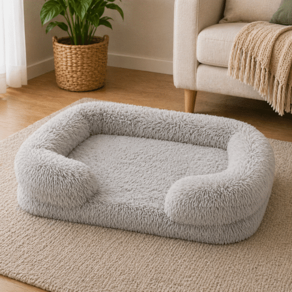 Coussin fluffy pour chien gris clair