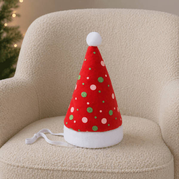 Chapeau de noël pois vert et rose chien