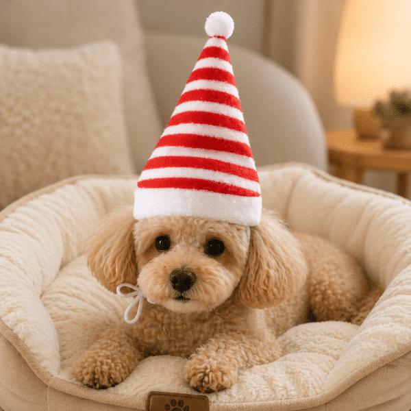 Chapeau de noel chien rayé rouge et blanc