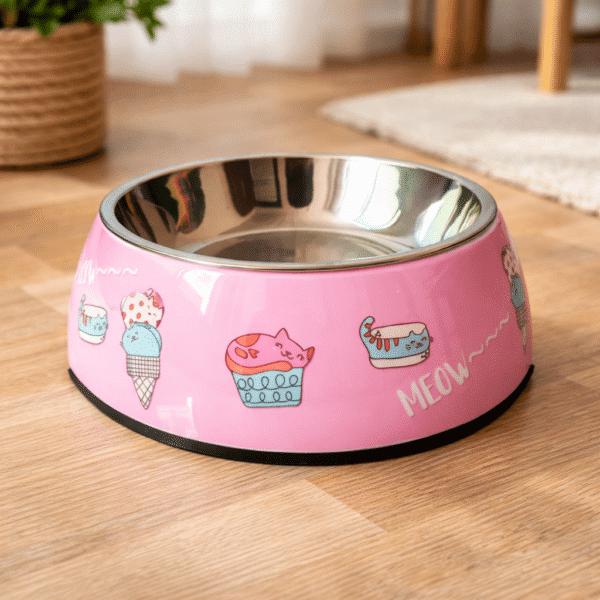 Gamelle chien : inox rose motif chat meow