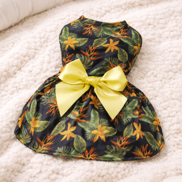 Robe chihuahua motif fleurs noeud jaune