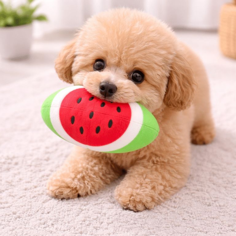 Caniche mignon mordant une pastèque en peluche (1)