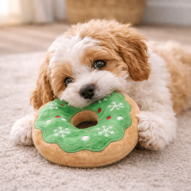 Chiot Cavapoo avec jouet moelleux
