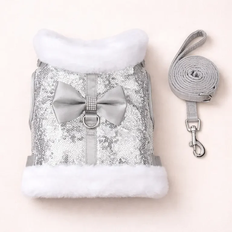 Harnais et laisse sequins argent petit chien