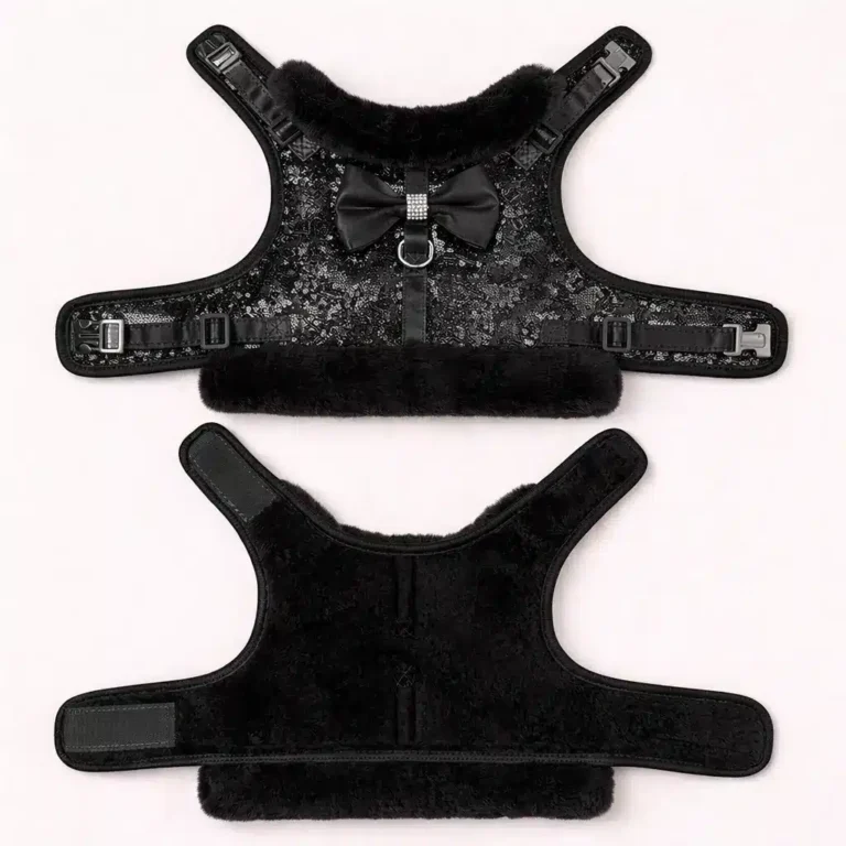 Harnais et laisse sequins noir petit chien ouvert