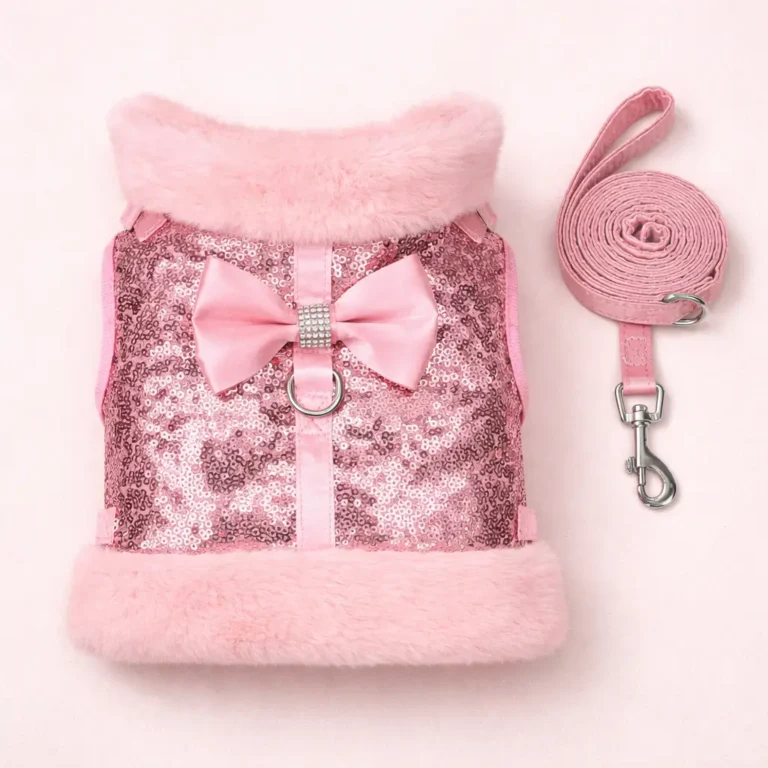 Harnais et laisse sequins rose petit chien