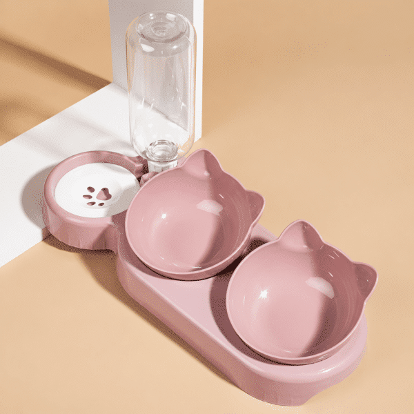 Gamelle triple oreilles chien avec réservoir d'eau rose