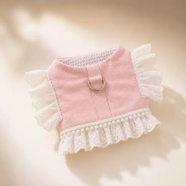 Harnais chien perle dentelle rose et blanc + laisse