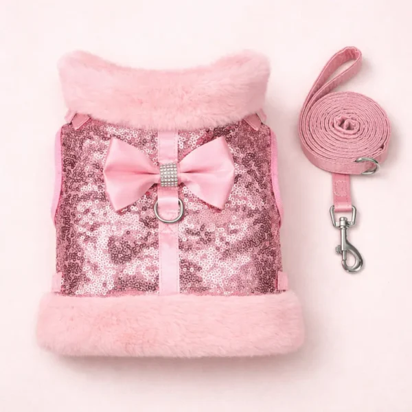 Harnais et laisse sequins rose petit chien