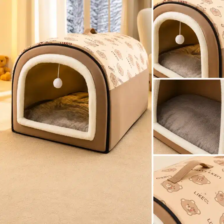 Niche avec jouet suspendu marron chien zoom