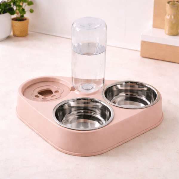 Gamelle triple avec réservoir d'eau petit chien rose