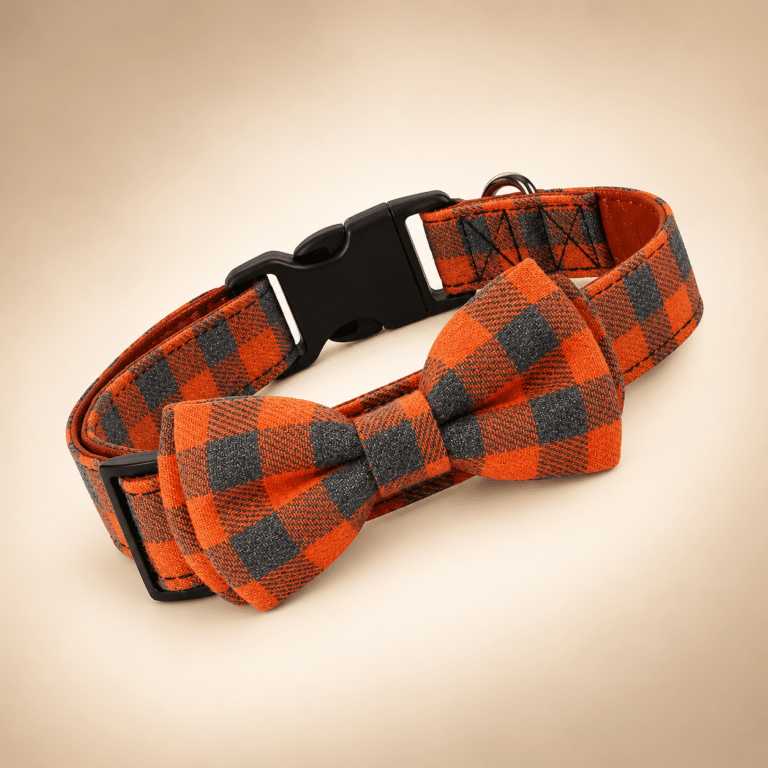 Collier noeud papillon orange et gris chien